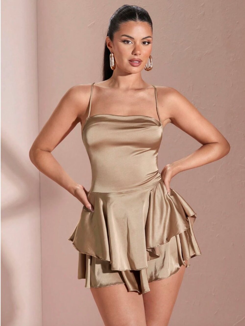 SHEIN BAE Cowl Neck Lace Up Backless Layered Satin Skort Romper